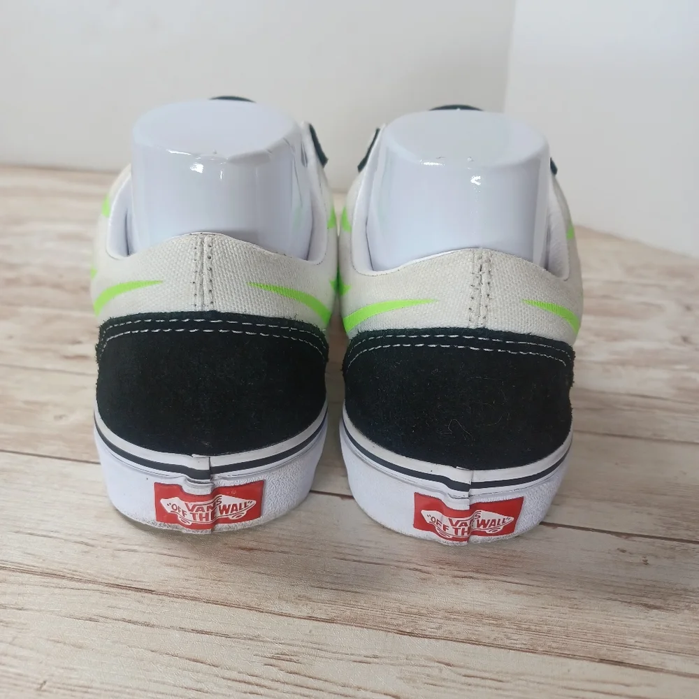 Vans Black White Canvas Neon Green Flames Suede Old Skool Skate Shoes Men's 6.5